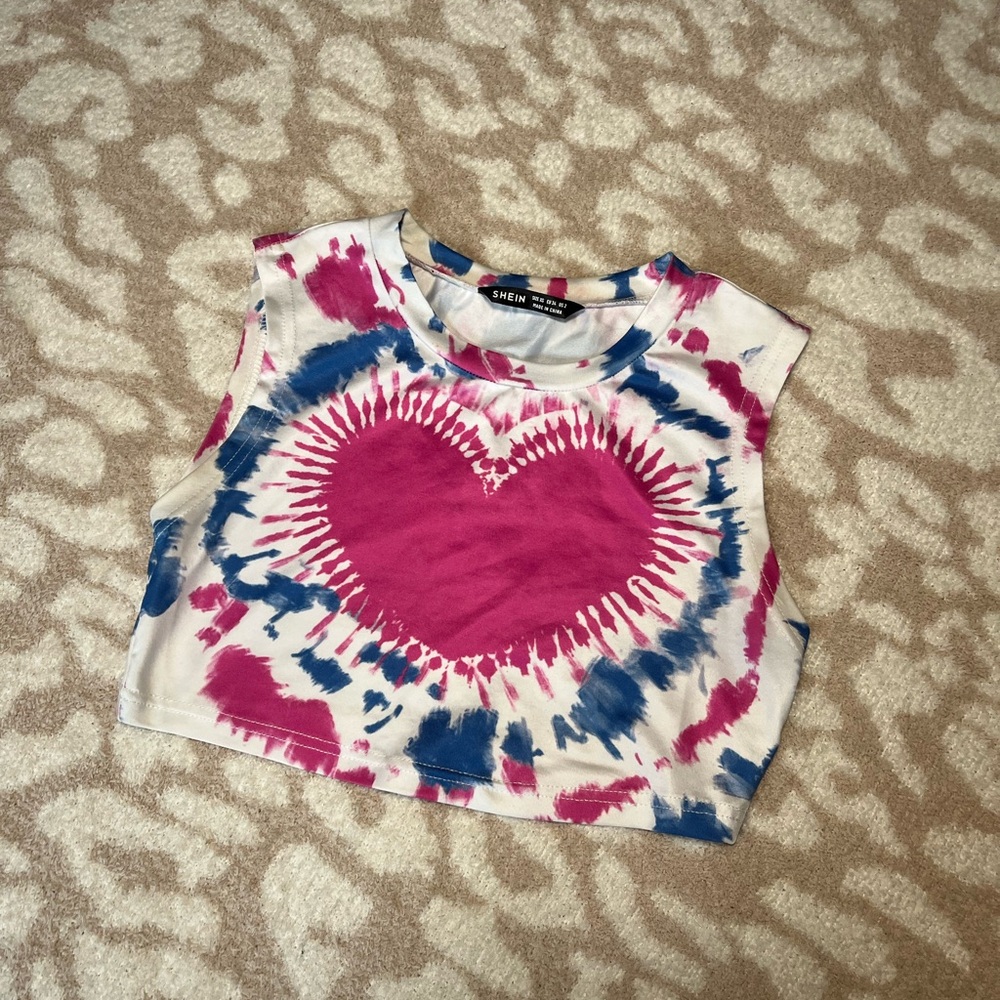 SHEIN Pink and Blue Tie-Dye Heart Crop Top